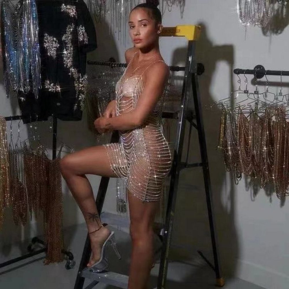 Rhinestone Bodysuit Dress Women Summer Bikini Body Chain Harness Body Jewelry - Picture 2 of 9